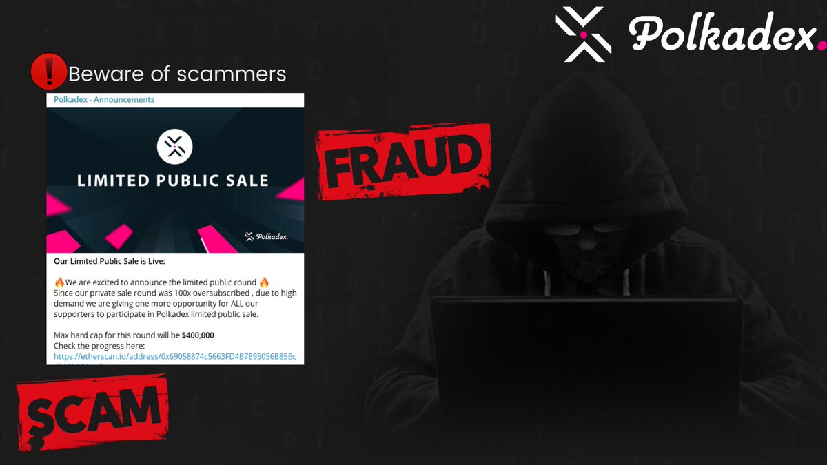 polkadex's tweet photo. 🚨SCAM ALERT🚨

📢Dear Polkadex Community!

⚠️There is no Limited Public Sale

🔴This is fake > https://t.co/9wmCi4IxM9

🟢The official announcement channel is https://t.co/ks6kCLkAUj

🙏Please connect with us at https://t.co/2Ged472m4q before investing anything. https://t.co/KIDV25iIhv