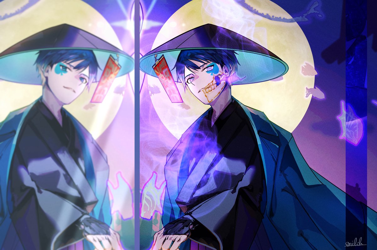 scaramouche (genshin impact) male focus hat 1boy short hair moon japanese clothes looking at viewer  illustration images