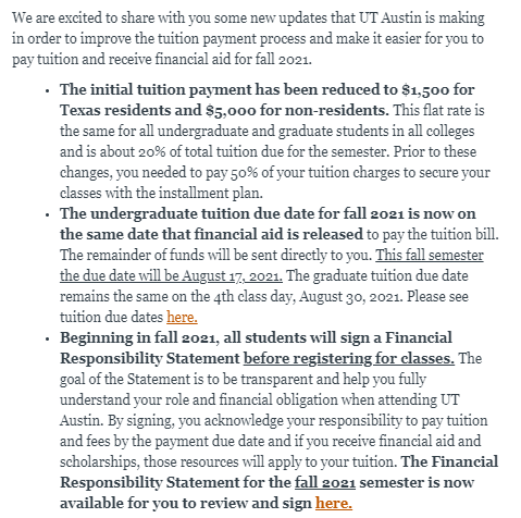 skyesighp's tweet photo. New: Initial tuition payments are now $1,500 for Texas residents and $5,000 for non-residents.

Originally, the payments to secure registration were half of tuition.

Undergraduate tuition will now be due the day financial aid is released, rather than before.

@thedailytexan https://t.co/T389Jhx2Ia