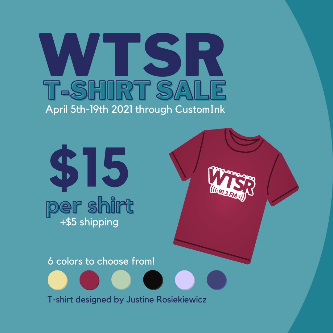 Our Spring '21 t-shirt sale launches today! Show your passion for WTSR with our high-quality shirt design, $15 each + $5 shipping. We have 6 colors you can choose from &amp; all purchases will be shipped directly to your house. Check it out: tinyurl.com/9ynhtzkw! #tcnj #fundraiser