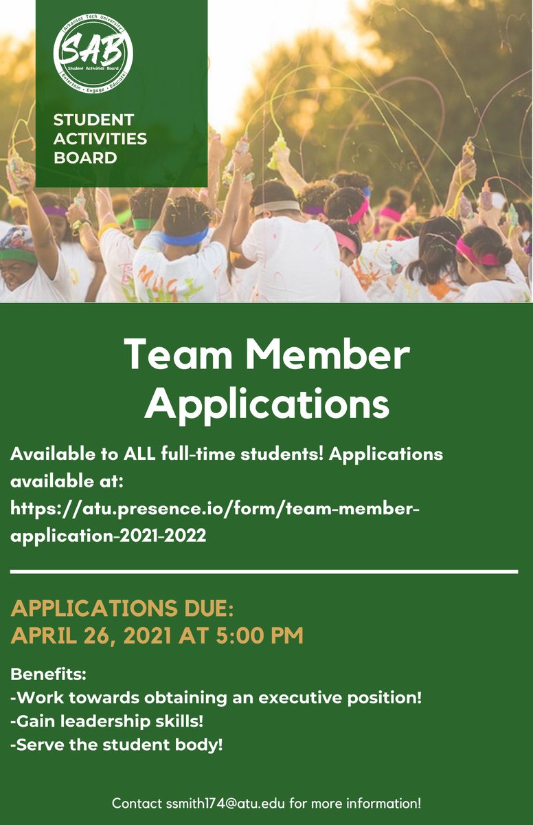 Want to get involved with SAB? 🤩Team member applications for the 2021-2022 school year are now open! 🎉 Apply now using the link on the flyer!