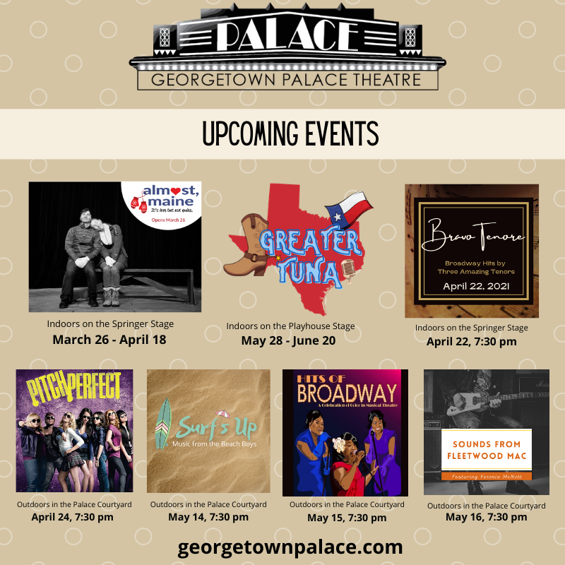 We are open with a full lineup of shows, musical events and movies! And we will have TWO exciting announcements this week.
Tickets: bit.ly/gpttickets 
#livetheatre #atxtheatre #austinevents #greatertuna #almostmaine
