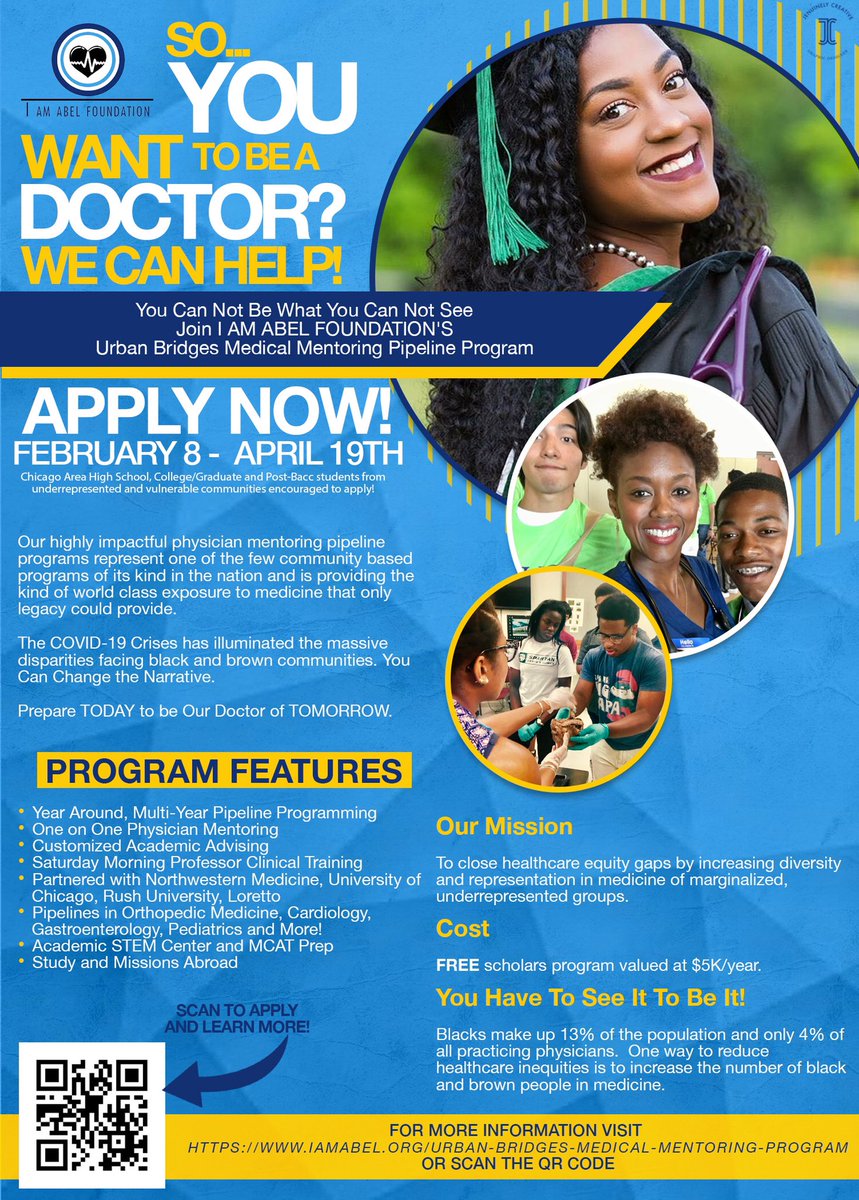 Do you want to be a doctor? Chicago area high school, college/graduate and post bacc students may apply to I Am Abel Foundation's Urban Bridges Medical Mentoring Pipeline Program today!! Deadline has been extended to April 19th. iamabel.org/urban-bridges-…