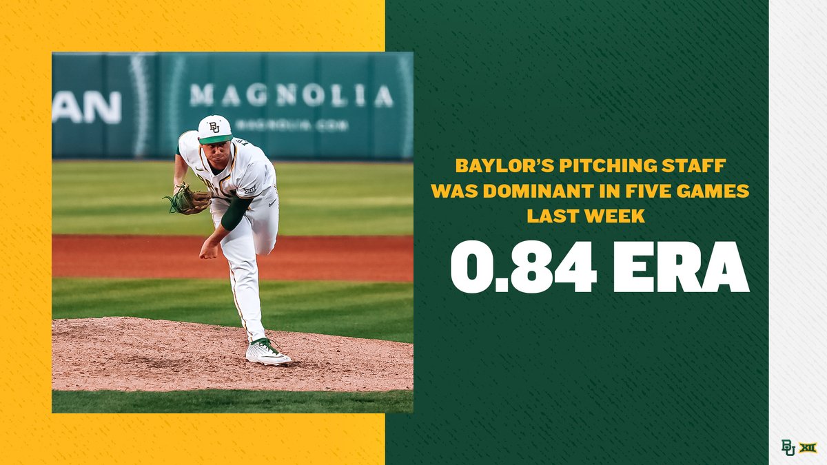 Our pitching staff was throwing 𝐇𝐄𝐀𝐓 last week. 

🔥 5-0 record
🔥 0.84 ERA
🔥 .174 opp b/avg

#SicEm | #BUlitForThis