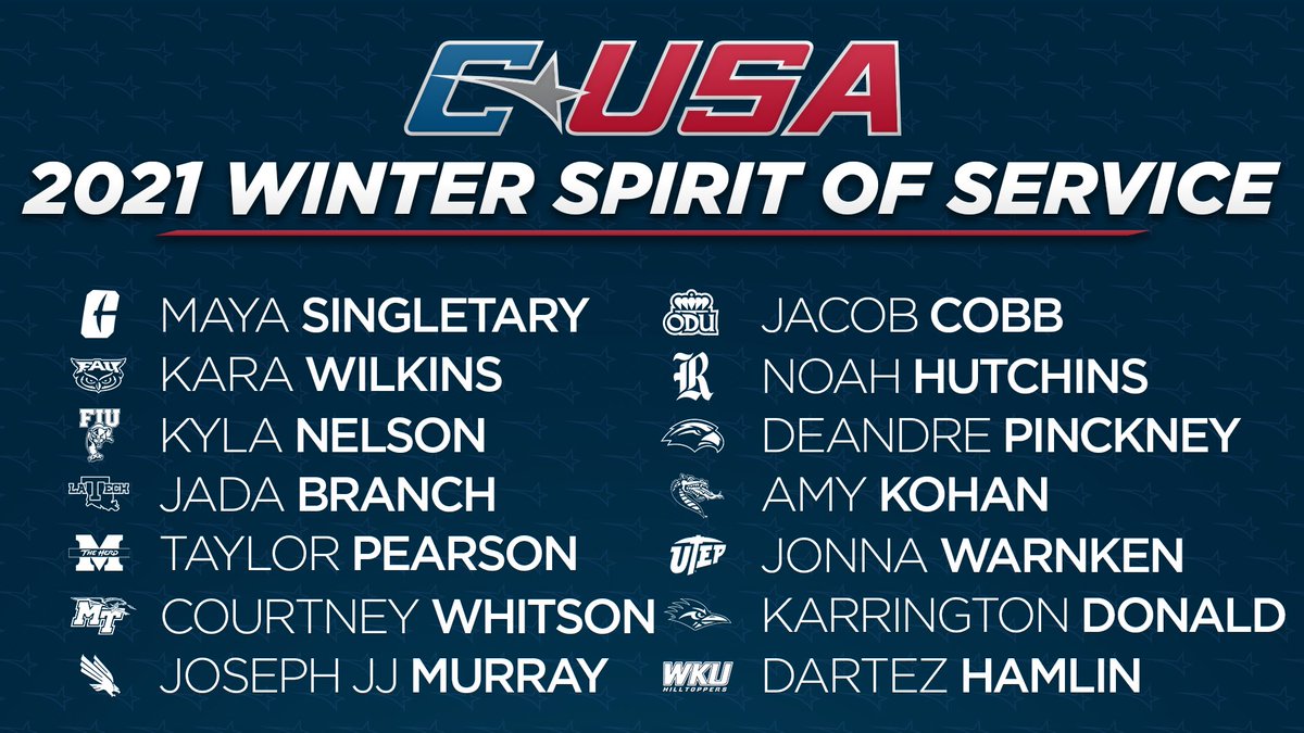 ConferenceUSA's tweet photo. 📢: Congratulations to the 14 student-athletes who received the 2021 C-USA Winter Spirit of Service Award! 🏅

One honoree from each institution is chosen based on his or her contribution to the community.

#TheCUSAWay https://t.co/TnAxg8iiPs