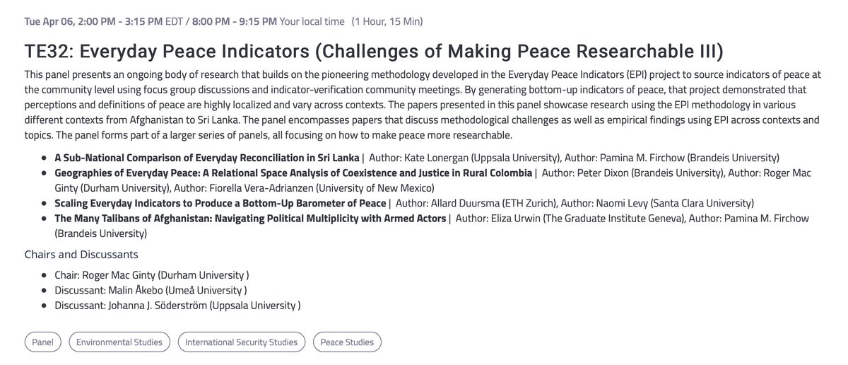 Are you attending #ISA2021? Come listen to us present on <a href="/everydaypeace/">Everyday Peace Indicators</a> research in Afghanistan, Colombia and Sri Lanka at 2pm EDT or 8pm CET. <a href="/TheHellerSchool/">The Heller School</a> <a href="/DGSi_/">Durham Global Security Institute</a> @IHEID <a href="/UU_Peace/">UppsalaPeaceConflict</a> <a href="/kmlonergan1/">Kate Lonergan</a> <a href="/elizaurwin/">Eliza Urwin</a>  @Pfirchow <a href="/pedrodixon/">Peter Dixon</a> <a href="/js_polsci/">Dr Johanna Söderström</a> <a href="/m_akebo/">Malin Åkebo</a> <a href="/isanet/">ISA</a>