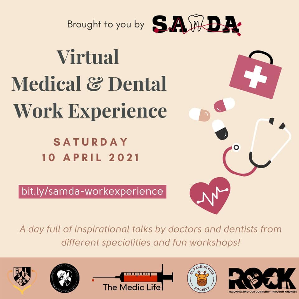 We’re really excited to be involved in the organisation of the Virtual Medical and Dental Work Experience Day by SAMDA happening this Saturday!

The livestream will be taking place on YouTube.

⁣Follow this link to sign-up: bit.ly/samda-workexpe…