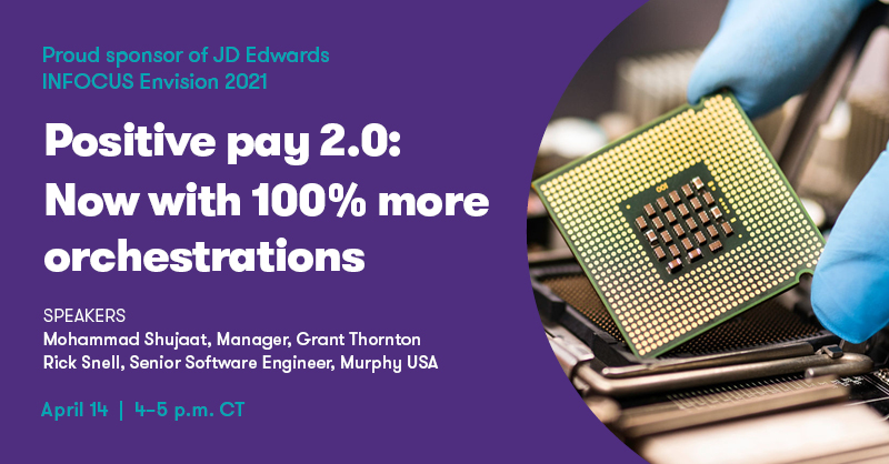 GrantThorntonUS's tweet photo. Don’t miss our April 14th #IFEnvision session, where we will discuss Murphy USA's successful implementation of @OracleJDEdwards Orchestrator. https://t.co/MmiXUjfIqr

#Oracle #OracleJDEdwards https://t.co/fo8Eo4N8uO