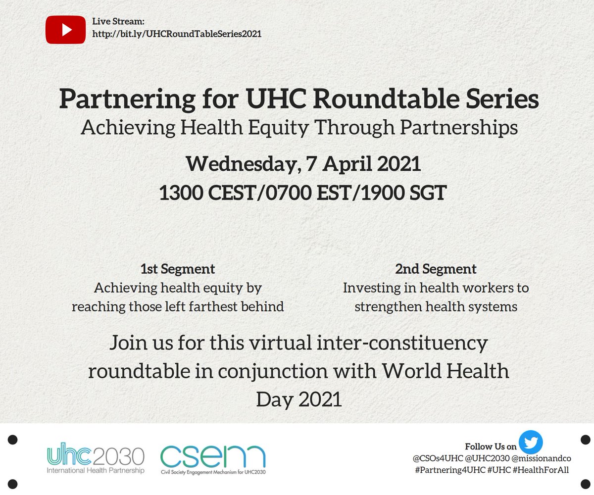 📢We are continuing the #Partnering4UHC series with the <a href="/UHC2030/">UHC2030</a> Private Sector Constituency on #WorldHealthDay!

Join the conversation on multi-stakeholder partnerships, #LeaveNoOneBehind, &amp; #healthworkers.

⏰Wed, Apr 7 | 1300 CEST

Watch live: youtube.com/watch?v=Hf5WKb…

#WHWWeek