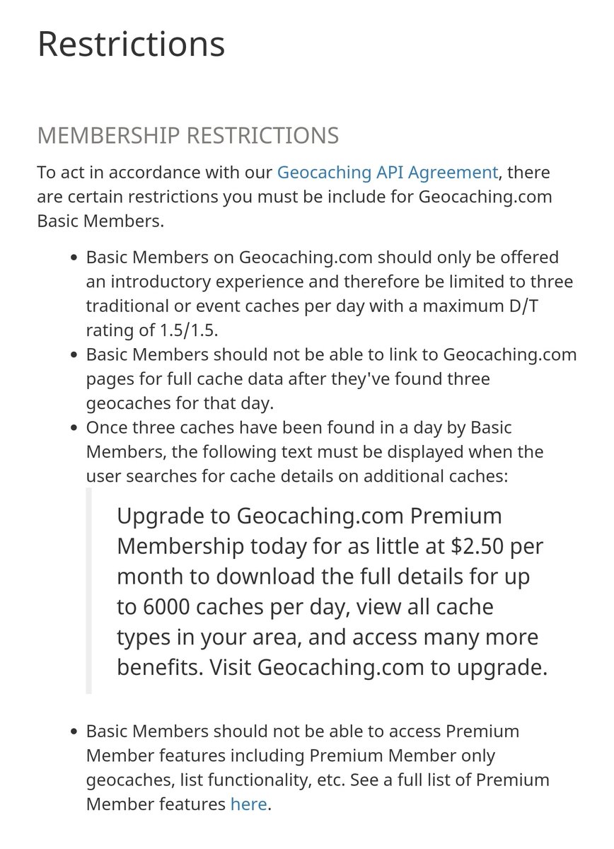 GCDroid's tweet photo. @palkoni @locusmap These are the official API restrictions. While GCDroid could show the description for up to 3 caches a day I found this would be even more confusing to basic members and for simplicity GCDroid opted to not track this and instead don't show any description. https://t.co/KAvHZTjJzk