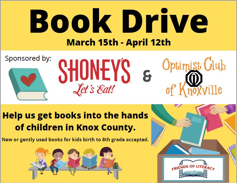 ShoneysEastTN's tweet photo. One more week to help Shoney's & The Optimist Club of Knoxville collect books π for Friends of Literacy. Drop new or gently used books off at Shoney's at Broadway, Rutledge Pike, Chapman Highway & Powell. #friendsofliteracy, #shoneysknox, #optimistclubofknoxville https://t.co/CR3oHaICwY