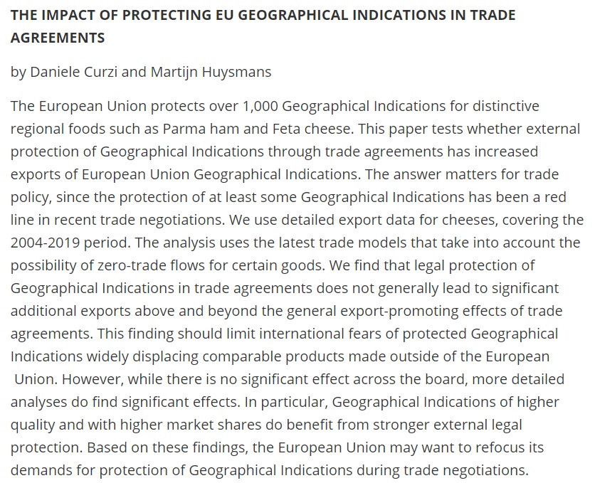 Forthcoming in the AJAE: "The Impact of Protecting EU Geographical Indications in Trade Agreements," by Curzi and Huysmans.