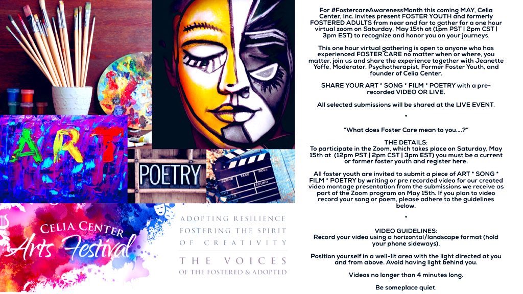 ccartsfestLA's tweet photo. On MAY 15th 12p PST for #fostercareawarenessmonth 

SHARE YOUR ART * SONG * FILM * POETRY w/ a pre-recorded VIDEO OR LIVE on zoom . Submit by April 30

https://t.co/MQPuXtpdTp 

#fostercare #FormerFosterYouth #fostercareawareness #fostercarejourney @CeliaCenterLA #ccartsfest https://t.co/w8BbU8Om7v