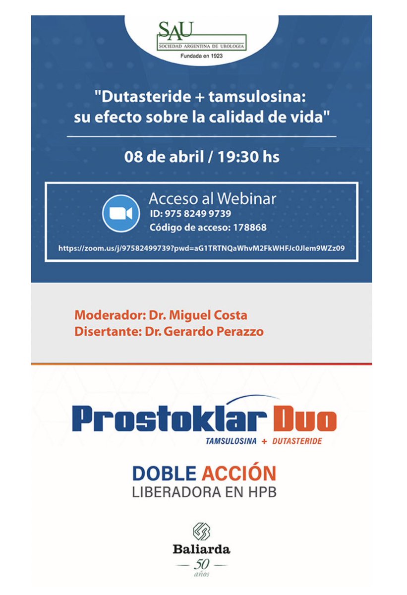 SauUrologia's tweet photo. ‼️WEBINAR SAU‼️

“Dutasteride + Tamsulosina:
Su efecto sobre la calidad de vida”

🗓Jueves 8 de Abril
🕰19:30 hs (UTC-3 Buenos Aires)

@docmeetings @CAU_URO @ResidentesCAU https://t.co/W85s257eW8