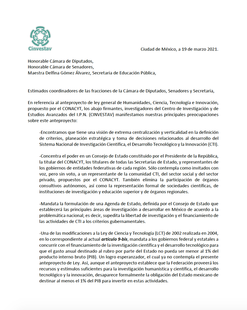 CienciaBudget's tweet photo. 204 CIENTÍFICOS DE CINVESTAV EXPRESAN PREOCUPACIÓN POR CENTRALISMO Y VERTICALIDAD DEL ANTEPROYECTO DE LEY DE CIENCIA ELABORADO POR CONACYT. Mandan esta carta a los coordinadores de las Cámaras de Diputados y Senadores, así como a la Secretaria de Educación Pública. Aquí el texto. https://t.co/3VsDH1Evgy