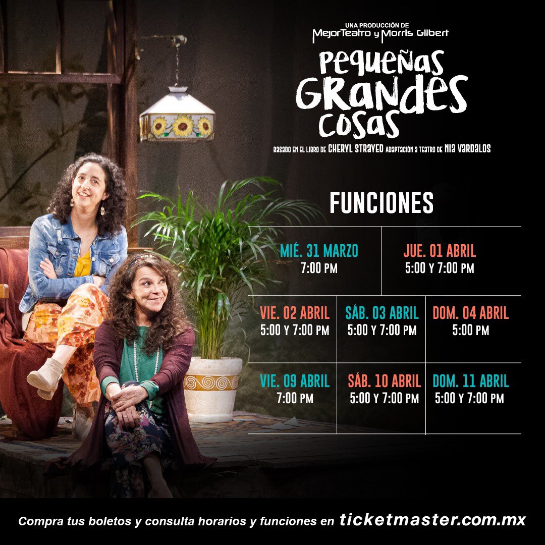 QUERIDOS TODOS
PEQUEÑAS GRANDES COSAS <a href="/PequenasCosasMX/">Pequeñas Grandes Cosas</a> 
VIERNES 9  A LAS 7:00
SÁBADO 10 A LAS 5:00 y 7:00
DOMINGO 11 A LAS 5:00 y 7:00
HORARIO TAQUILLAS DEL TEATRO
 <a href="/teatro_milan/">Teatro Milán</a> 2:00 A 6:00 
<a href="/Ticketmaster_Me/">Ticketmaster México</a> 
VAMOS A HACER ESTO JUNTOS.
ATENTAMENTE 
SUGAR