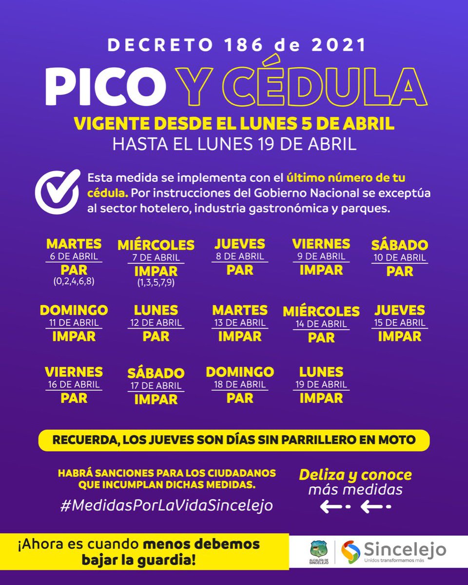 andresgomezmtz's tweet photo. Conoce el pico y cédula, el toque de queda, la ley seca y el aforo permitido en reuniones sociales que regirán hasta el 19 de abril. Estas medidas son adoptadas con base a la circular emitida por el Gobierno Nacional.También depende de ti salvar vidas.
#MedidasPorLaVidaSincelejo https://t.co/e4x8gSfOXC