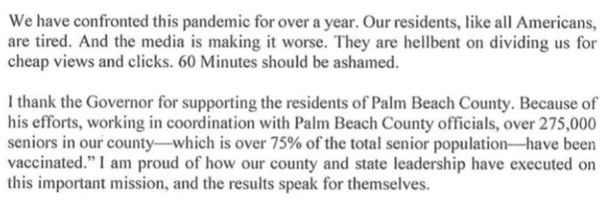MZHemingway's tweet photo. Oh boy. Democrat mayor of Palm Beach County says 60 Minutes' "reporting was not just based on bad information -- it was intentionally false." Says he offered to refute 60 Minutes' half-cooked conspiracy theory based on personal knowledge and "60 Minutes declined." https://t.co/yJ9aRa6RMy