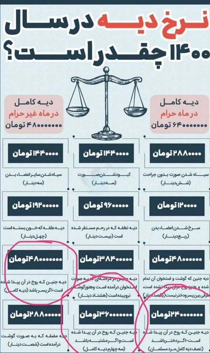 M_pourazar's tweet photo. نرخ دیه جنین در سال ۱۴۰۰:
اگه پسر باشه: ۴۸۰ میلیون
اگه دختر باشه: ۲۴۰ میلیون
اگه نتونن تشخیص بدن که دختره یا پسر: ۳۶۰ میلیون
❌ یعنی اگه پسر باشه که دو برابر دختر می‌ارزه، اگه نفهمیم دختره یا پسر بازم بیشتر از دختر می‌ارزه
برداشت با خودتون... https://t.co/IALFZifVk9