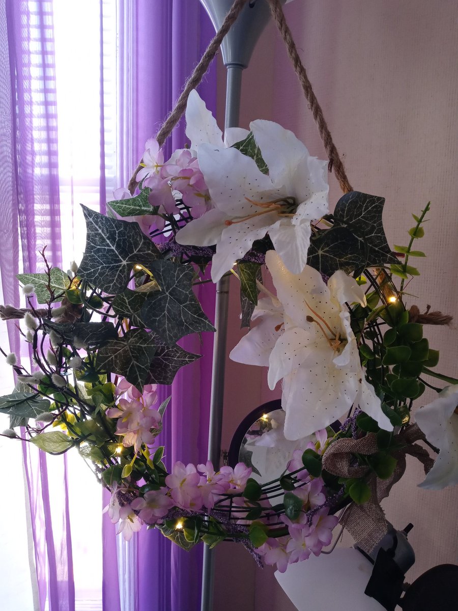 peace_x_o's tweet photo. A going away wreath for a lovely friend, the fairy lights are my favorite  #springwreath #purpleismycolor https://t.co/QnxccKvUuk