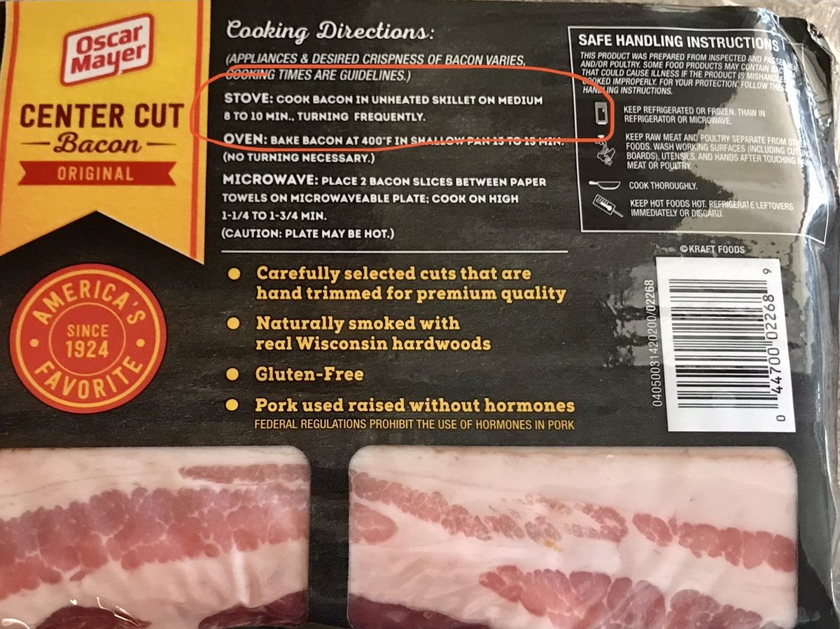 Hey <a href="/oscarmayer/">Oscar Mayer</a>. I'm thinking it's going to take a long time to cook bacon for my family in an "UNHEATED" skillet per your directions. What am I missing?! #Bacon #ComfortFood