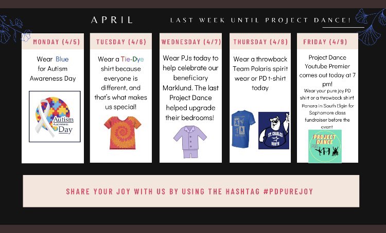 Let’s support <a href="/SCNTeamPolaris/">SCN Team Polaris</a> Project Dance this week!! YouTube Premiere is THIS FRIDAY - April 9th at 7pm! Show your support for Team Polaris and Project Dance by participating in spirit week! 💙🌟💙 #PDPureJoy 

Spirit week is as follows: 🔽🔽🔽
