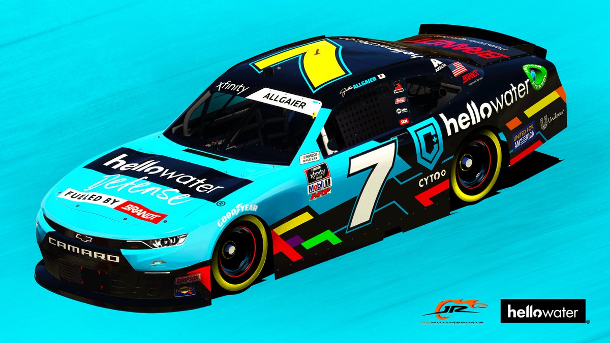 JRMotorsports's tweet photo. In celebration of this afternoon’s @drinkhellowater product announcement, let’s check out the new No. 7 hellowater Defense scheme that @j_allgaier will be piloting @amsupdates and @WGI later this season!

Find out more about the new product here ➡️ https://t.co/3hE7LJC9Qx https://t.co/79X6d8kcba