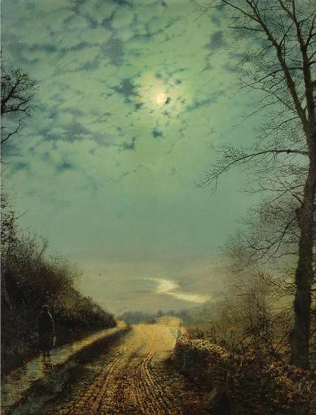 Understand, I’ll slip quietly away from the noisy crowd when I see the pale stars rising, blooming, over the oaks. I’ll pursue solitary pathways through the pale twilit meadows, with only this one dream: You come too. ~Rilke, Pathways 🎨 J.A. Grimshaw, A Wet Road by Moonlight