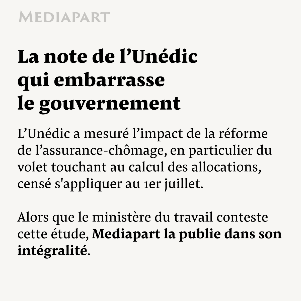 Mediapart's tweet photo. ÉDITION SPÉCIALE – Indemnités chômage : la guerre aux précaires. Retrouvez notre édition spéciale sur Mediapart et tous nos articles sur cette réforme dans notre dossier : "Assurance-chômage : l'injustifiable réforme" 👉https://t.co/IykwD1Njpp. https://t.co/ZfeEW9prZn