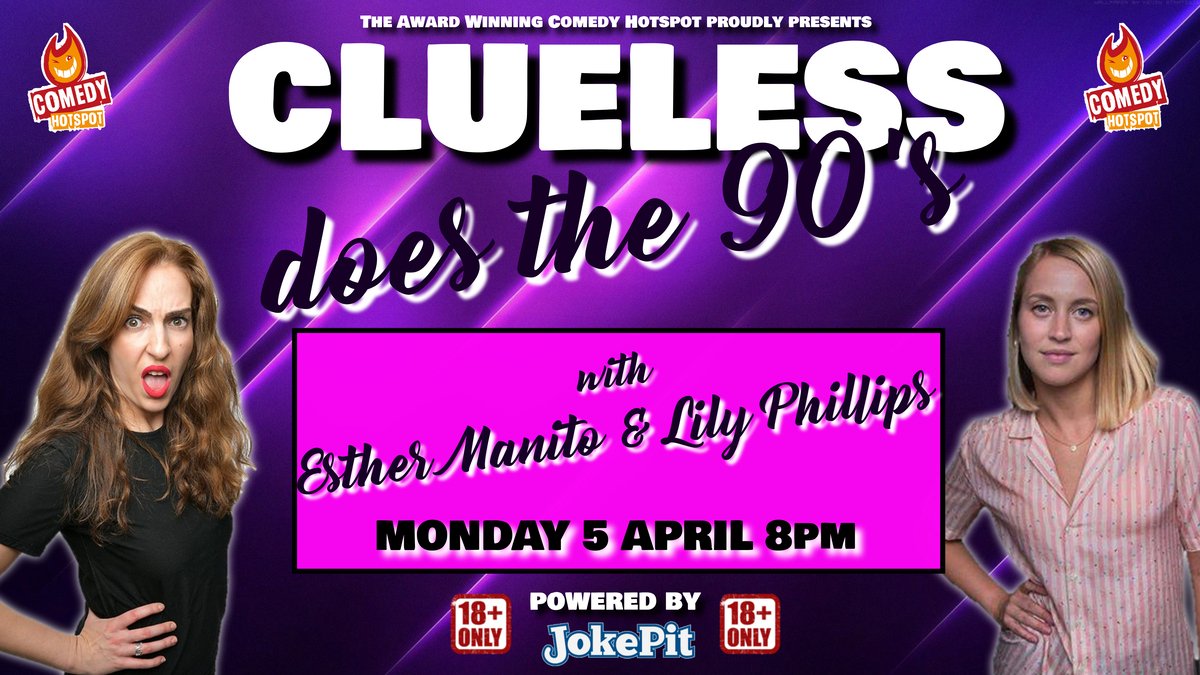 CLUELESS DOES THE 90'S goes live @ 8pm 2nite, &amp; we have another hilarious show lined up. Pse join us as we take a look at the 90's. Here's the live link
facebook.com/37365465269423…
@esther_manito <a href="/lily_comedy/">LilyPhillipsComedy</a> @mrmojo752 <a href="/comedy_hotspot/">Comedy HotSpot</a> <a href="/PromoteComedy/">JokePit The Comedy Box Office</a> <a href="/DinnyNathan/">Nx</a> <a href="/martinwratten/">martin wratten</a>