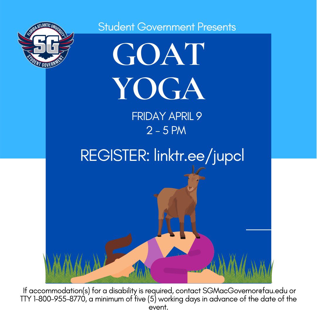 jupfausg's tweet photo. Goat yoga is back!!! This Friday, you can destress by joining us at this event! Get some stretches in with your friends and a few furry pals! Sign up before it’s too late!! 
#fau #owls #goat #yoga #destress https://t.co/Yn4tbbrhBE