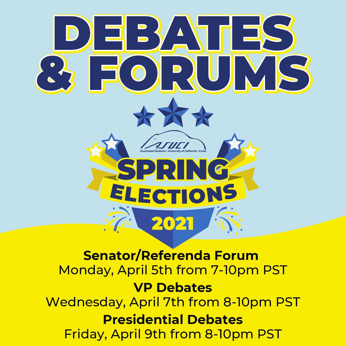 What’s up UCI politicians! Make sure to check out these debates and forums TODAY at 7pm.