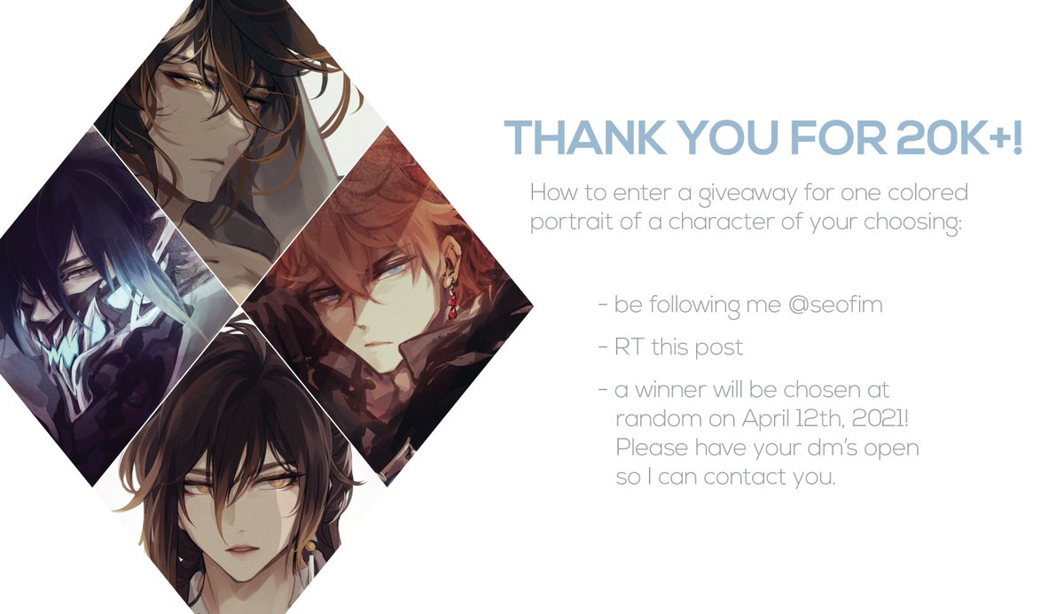 Been meaning to do this for a while, but I wanted to do an art giveaway for hitting 20k! One winner chosen on 4/12 will get a colored portrait of any character. All you have to do is RT this post and be following me. Thank you again! 😊💕