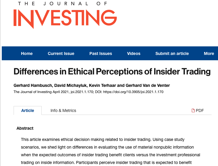 My latest research on #insidertrading (with <a href="/GerhardRunner/">Gerhard Van de Venter</a> &amp; <a href="/michayluk/">dave michayluk</a>):
(1) Using inside info for personal benefit is viewed as more unethical than using it for clients.
(2) Professionals with investment credentials are the most stringent in their views.
joi.pm-research.com/content/early/…