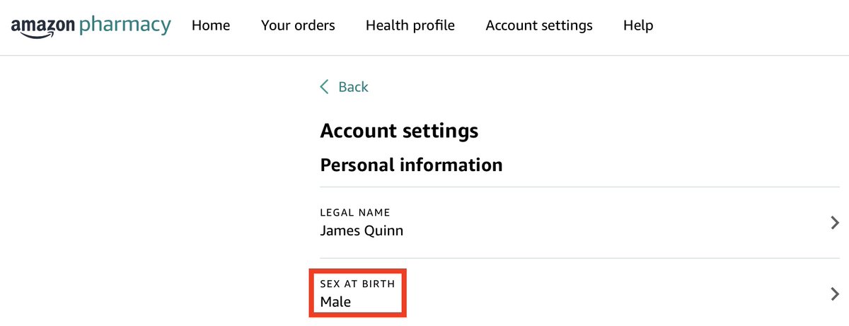 jqtweets's tweet photo. Hey @Amazon, your #AmazonPharmacy settings are so not up to date with the times. I get that you might have to collect this information for medical purposes, but not having a section to address a person's Gender Identity to go along with this just alienates your #Trans customers. https://t.co/dqQoTlDpW0