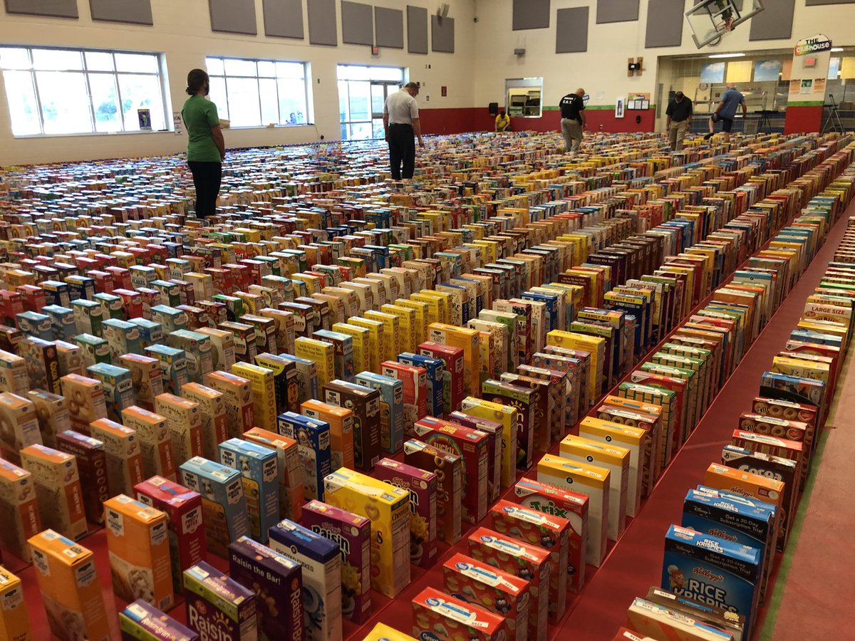 DrFRod1's tweet photo. Congratulations Red Cedar El for breaking the Guinness Book of World Record for cereal box domino drop.  3,730 cereal boxes down you go.
Over 6,000 Cereal Boxes collected and will be donated to Bluffton Self Help.  Thank you Kim Hall for attending!!!  #GoFoxes @BeaufortSchools https://t.co/kll4chx7oL