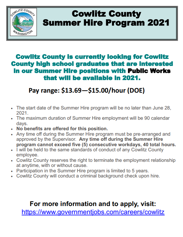 CowlitzCountyPW's tweet photo. The 2021 Cowlitz County Summer Hire Program is currently accepting applications. https://t.co/m3Q5KqwgAf