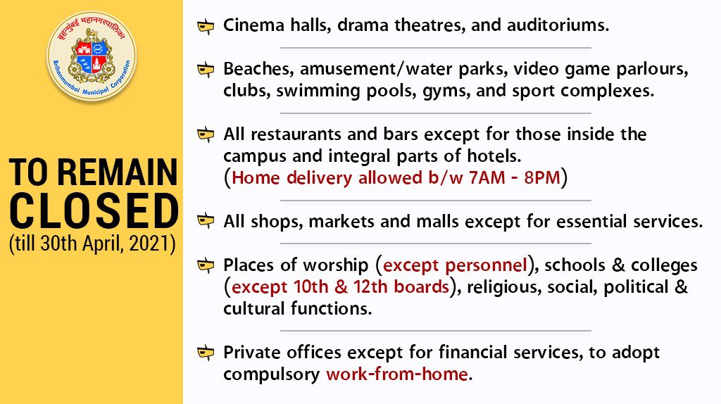 poojakkaria's tweet photo. #mumbailockdown #BmcGuidelines for current lockdown 5th April to 30th April...#maharashtralockdown
@mihirkotecha @OfficeofUT https://t.co/2j3SR00gvY