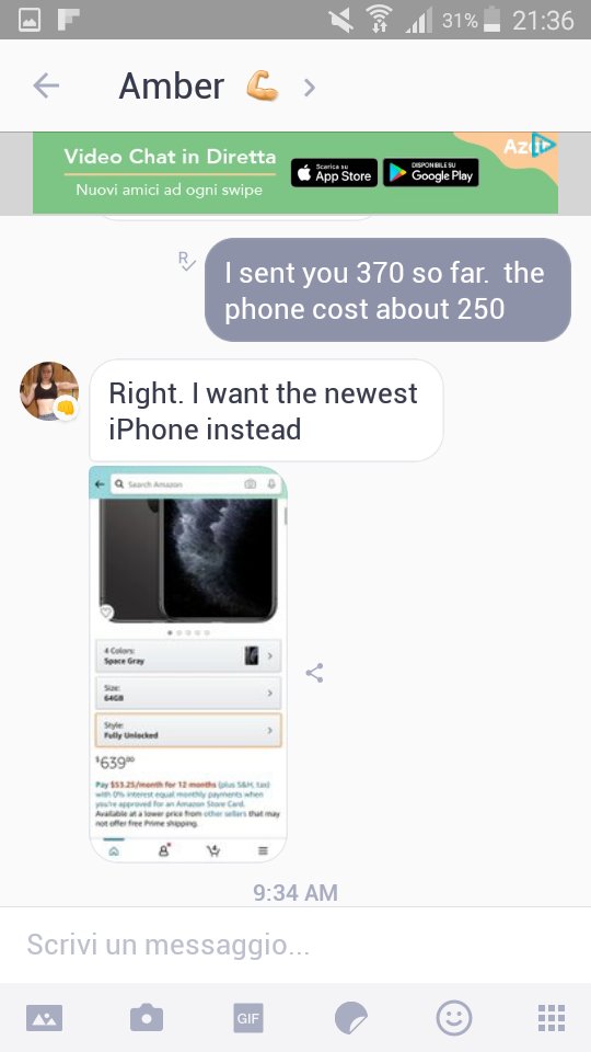 Jabbamaster's tweet photo. @Amber58640409 needed $250 for a new phone. After a few punches on my nose she "convinced" me to send 300. after another couple of punches to train her muscles she got  70 more during a break. Now without fussing she tells me that I am the idiot who will go to $650 for her IPhone https://t.co/rkPV5al8Hg