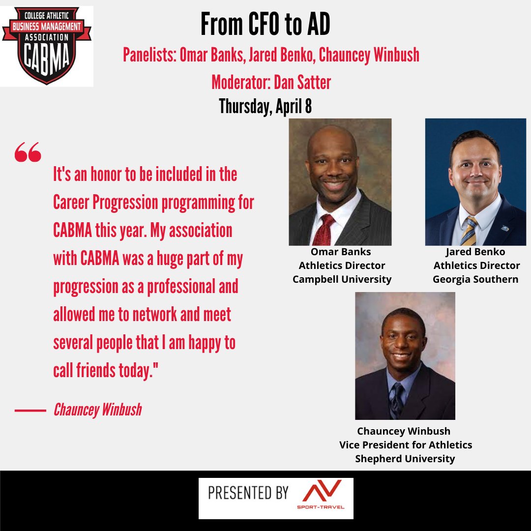 CABMA_Athletics's tweet photo. Join us for a panel that will share tips on how to get from the CFO chair to the AD chair on April 8 at 3pm (ET)! Register via the link below.
This session is 1 of 3 concurrent sessions happening on the 8th!
https://t.co/GcPBkh8xL4 https://t.co/PU616bMYCa