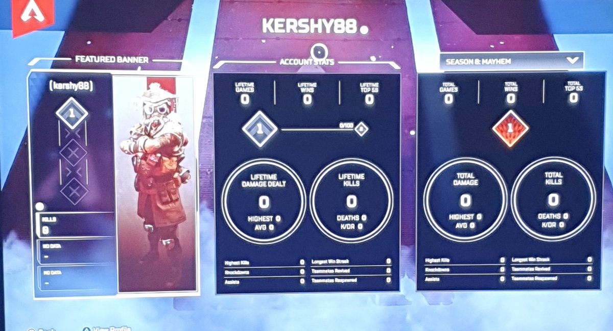 Kersh88's tweet photo. My account on apex legends has been reset. I still have all the characters unlocked and their skins but all have been reset with my stats too. @Respawn @PlayApex @EA @EAHelp #ApexLegends #levelreset #help https://t.co/edfeOjx8yU