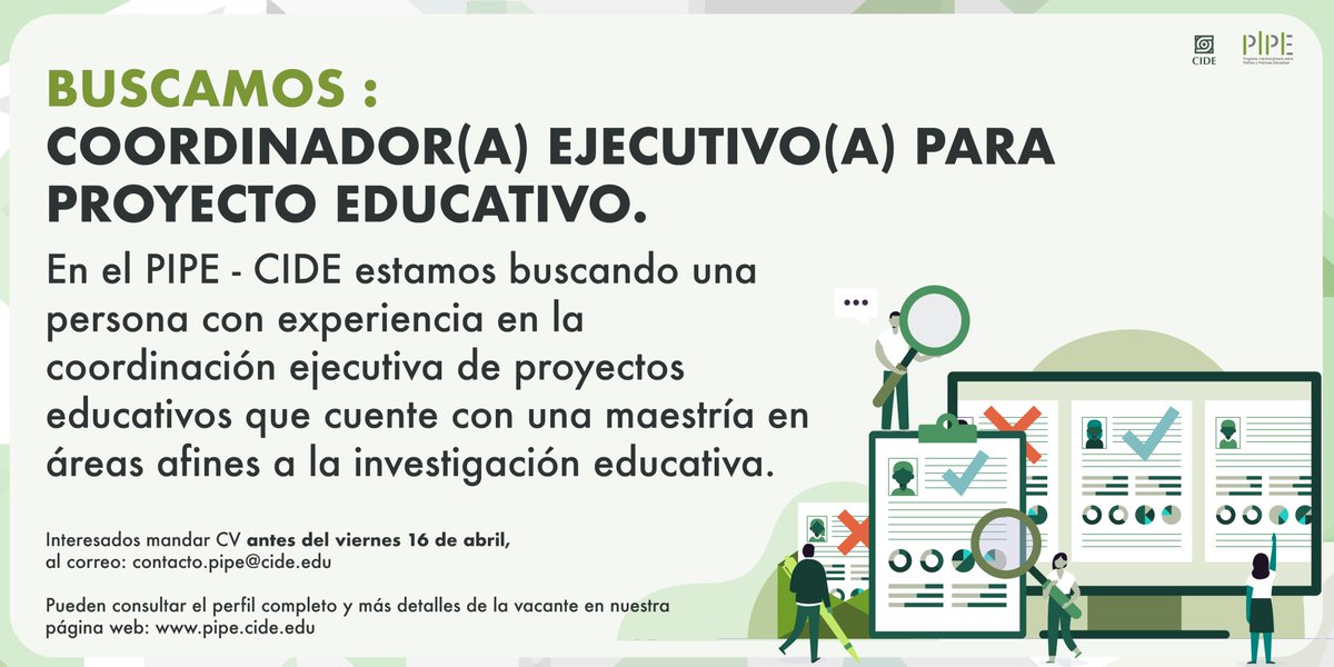 PIPECIDE's tweet photo. ⚠️ ATENCIÓN ⚠️
Estamos buscado Coordinador(a) ejecutivo(a) para un proyecto educativo. Aquí pueden consultar el perfil y más detalles de la vacante 👉 https://t.co/3CMrLo0OAV

Si cumples con el perfil manda tu CV antes del 16 de abril a: contacto.pipe@cide.edu https://t.co/xVvFAaPntj