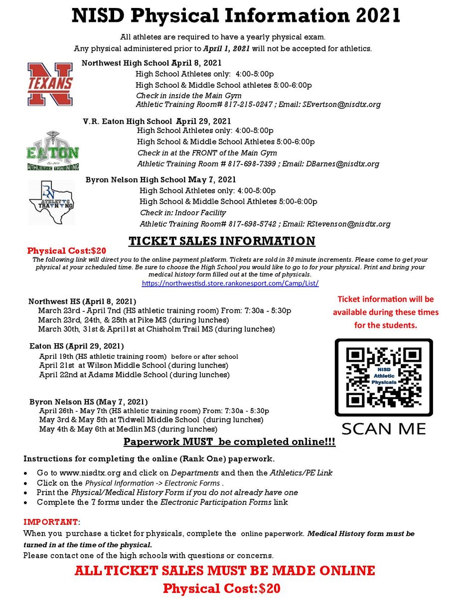 🚨PHYSICAL INFO🚨

Byron physicals will be May 7th, 2021 (Friday) from 4:00-6:00PM 🗓

All ticket sales are ONLINE 🎟 tinyurl.com/jyx9bjj9

Check-in @ BNHS Indoor 

Click the link to print off physical form @ bring it w/ the front filled out 📝 

tinyurl.com/6ru2pv7h