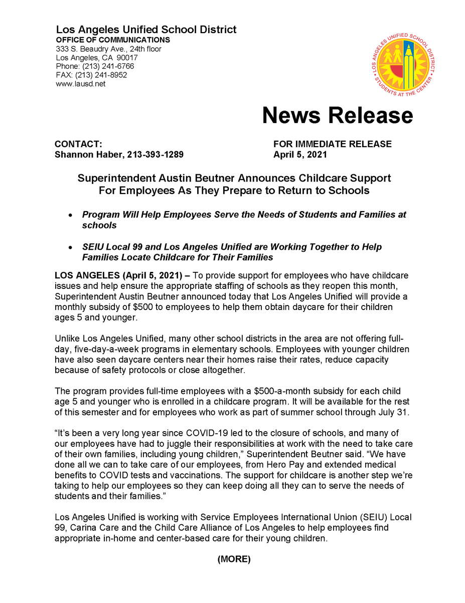 LASchools's tweet photo. NR: Superintendent Austin Beutner Announces Childcare Support For Employees As They Prepare to Return to Schools https://t.co/tXGCYwWJ7R https://t.co/OW4jWPQ6aK