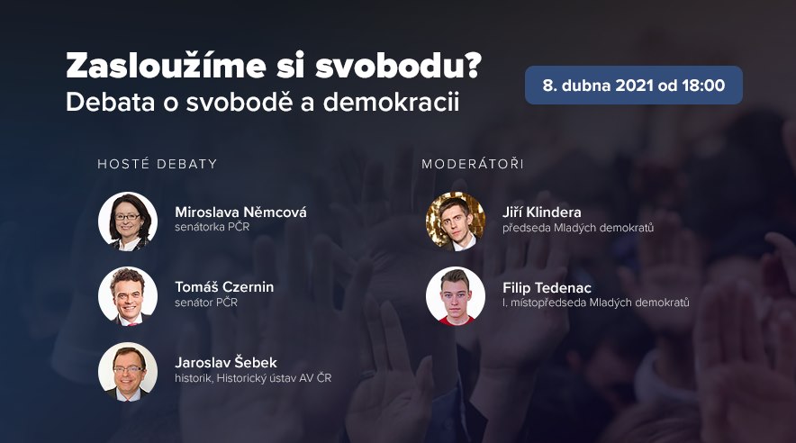 MDemokrate's tweet photo. Již tento čtvrtek v 18 hodin nás čeká další debata. Tentokrát s názvem: Zasloužíme si svobodu?
Ctěnými hosty budou: paní senátorka @Nemcova_Mirka, pan senátor @TomasCzernin a pan docent @jaroslav_sebek. 

Budeme se na vás těšit! 😏✌️
https://t.co/LSmtK2vfgq https://t.co/fN98YqVdkO