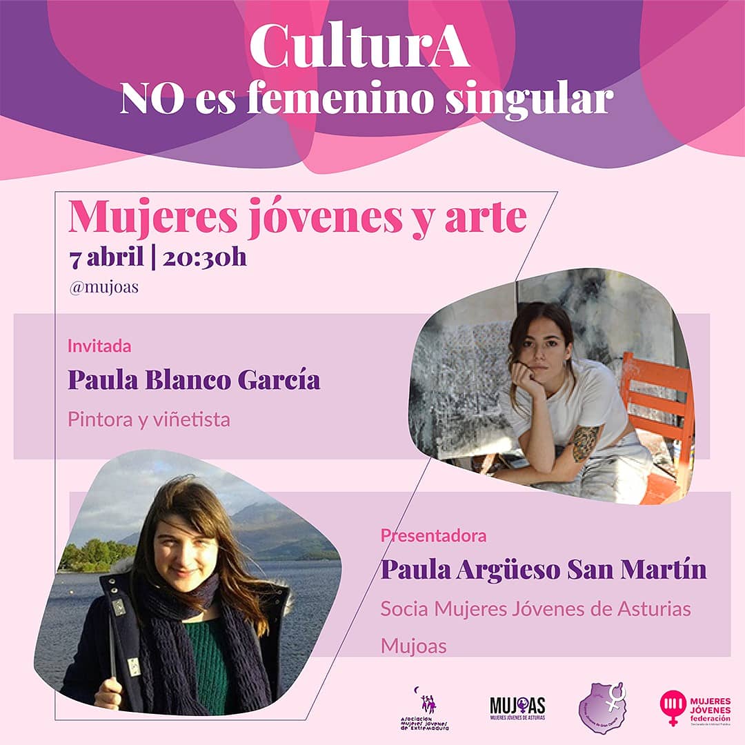 MUJOAS's tweet photo. ¡Este mes volvemos a charlar! En este caso sobre mujeres jóvenes y arte con Paula Blanco @almejeiter , viñetista y pintora, acompañada por nuestra compañera Paula Argüeso.

No te pierdas el directo en nuestro IG el próximo miércoles 7 a las 20:30 💜 https://t.co/5j90B1dVmM