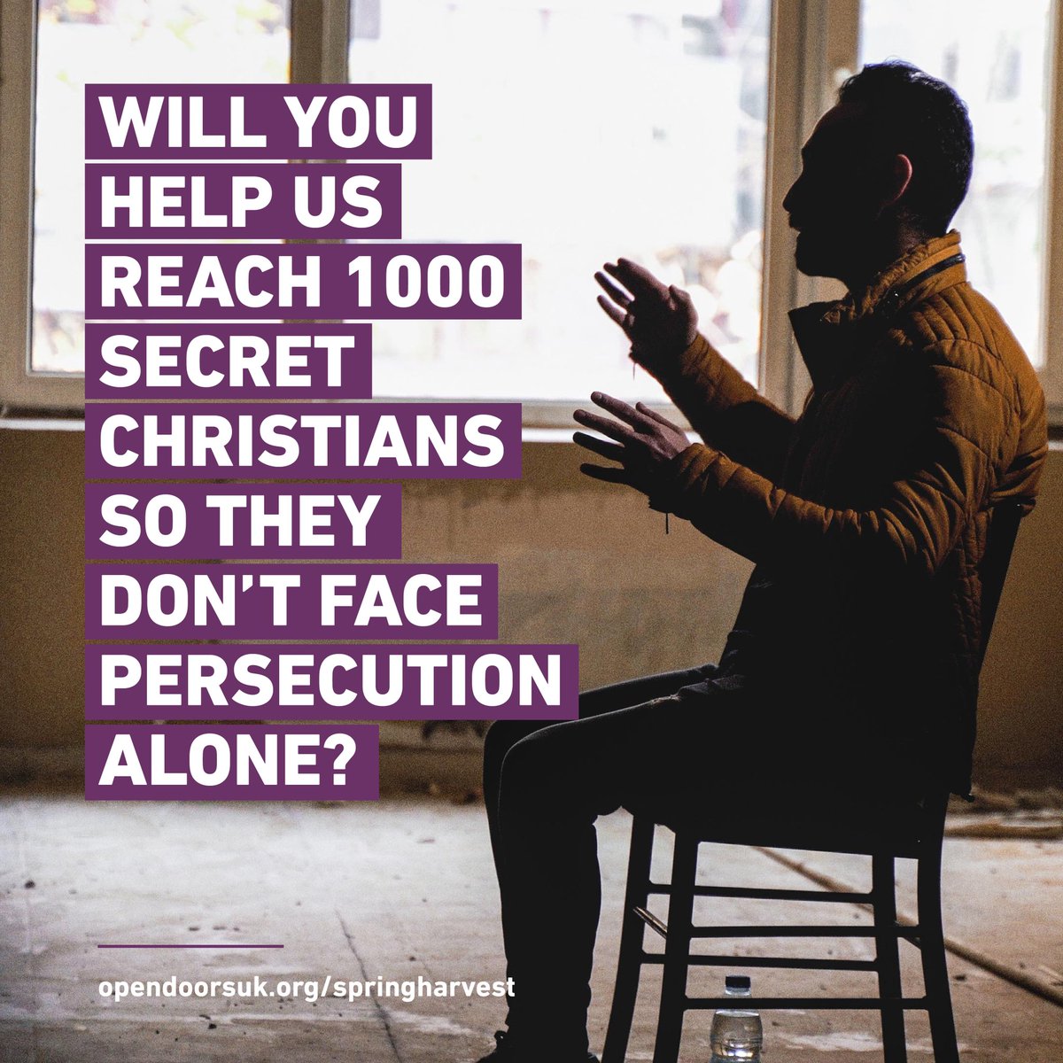 Will you help <a href="/OpenDoorsUK/">Open Doors UK</a> <a href="/springharvest/">Spring Harvest</a> reach 1000 secret Christians so they don’t have to face the darkness of prison and persecution alone? Head to opendoorsuk.org/springharvest to help reach our target.
