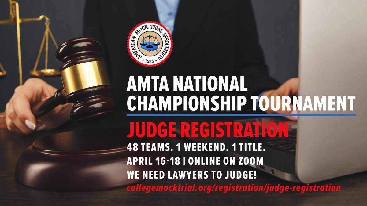 🚨🚨🚨PLEASE SHARE WIDELY🚨🚨🚨

The Collegiate National Championship Tournament is right around the corner, and we are looking for lawyers to volunteer as judges, April 16-18, over Zoom. 

You can sign up here ⤵️
collegemocktrial.org/registration/j…