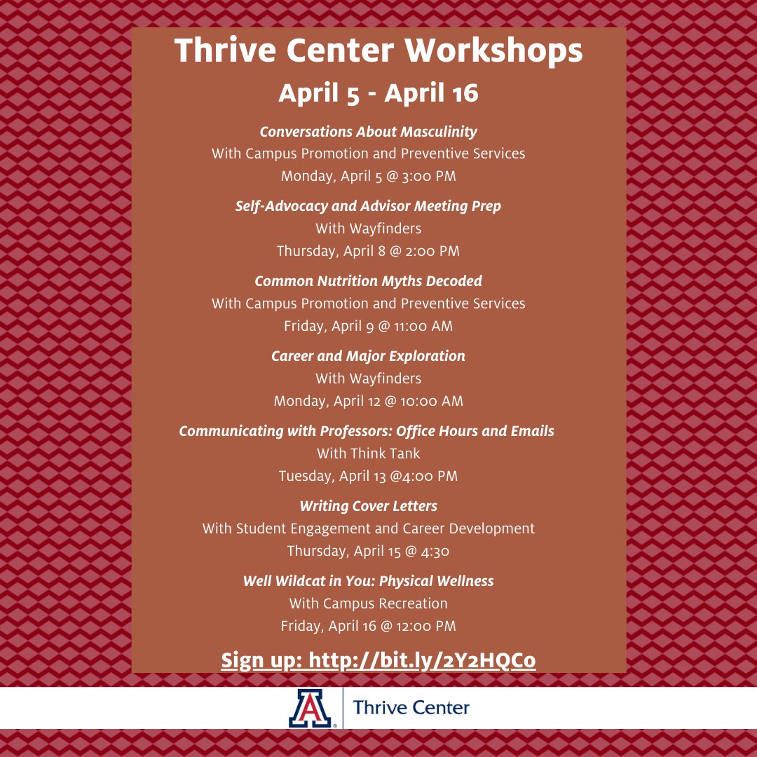 UAThrive's tweet photo. The Thrive Center is hosting a variety of workshops coming up! 
Sign up and receive the Zoom information at: https://t.co/dKnqxyVgn4
#UAThrive https://t.co/xlaeYzZCnN