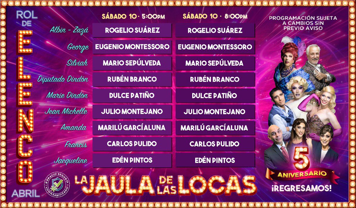 Les comparto nuestro rol de elenco del próximo sábado 10 de abril.
Funciones 5:00 y 8:00 TEATRO HIDALGO boletos en <a href="/Ticketmaster_Me/">Ticketmaster México</a> y a partir del jueves en la taquilla del teatro. 🎭